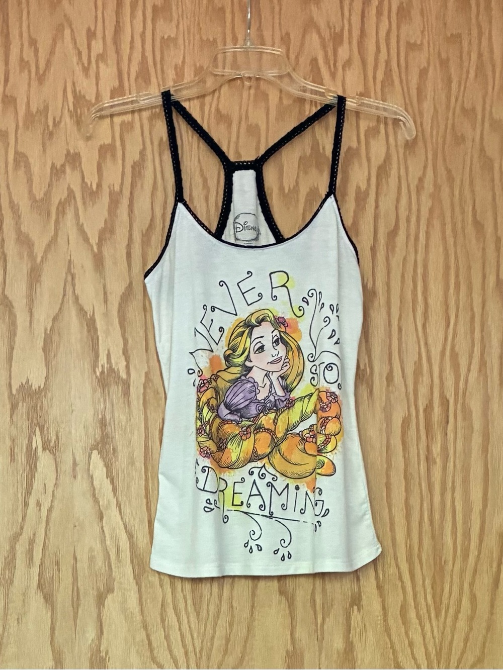 Disney White Tank Top with Black Trim and Colorful Rapunzel Graphic